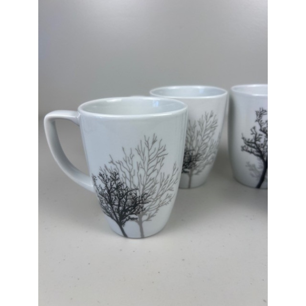 Corelle Coordinates TIMBER SHADOWS Porcelain Tree Coffee Tea Mugs White Set of 4 - Picture 6 of 12